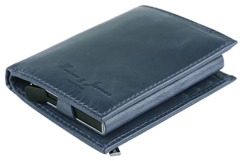 Hudson & James Slim Leather Holder Wallet Mens Minimalist Wallet Pop Up Design, RFID Blocking Metal Bank Card Case with Coins Pocket, ID Window, Hold up to 10 Cards