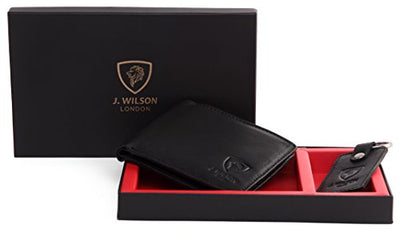 J. Wilson London Wallets Mens Slim RFID Blocking Genuine Leather with Coin Pocket & Key Holder Gift Box Set