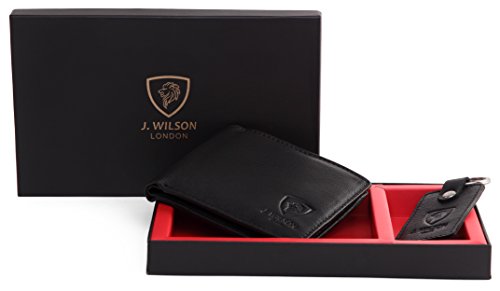 J. Wilson London Wallets Mens Slim RFID Blocking Genuine Leather with Coin Pocket & Key Holder Gift Box Set