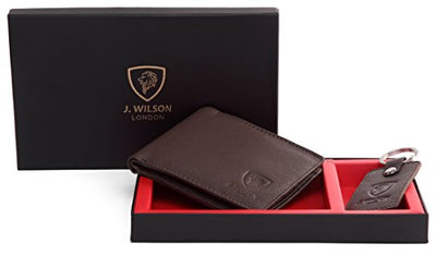 J. Wilson London Wallets Mens Slim RFID Blocking Genuine Leather with Coin Pocket & Key Holder Gift Box Set