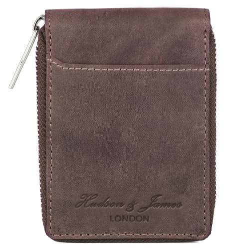 Hudson & James Slim Wallets with Gift Box for Men, Minimalist, RFID Blocking, Leather Wallet with 9 Credit Card Holders, 2 Banknote Compartments Zip Around