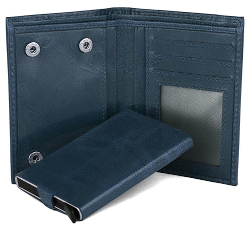 Hudson & James Slim Leather Holder Wallet Mens Minimalist Wallet Pop Up Design, RFID Blocking Metal Bank Card Case with Coins Pocket, ID Window, Hold up to 10 Cards