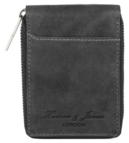 Hudson & James Slim Wallets with Gift Box for Men, Minimalist, RFID Blocking, Leather Wallet with 9 Credit Card Holders, 2 Banknote Compartments Zip Around