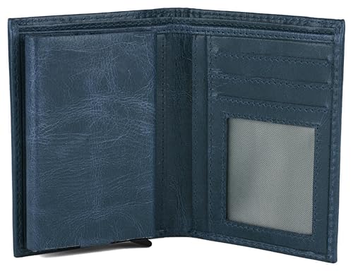 Hudson & James Slim Leather Holder Wallet Mens Minimalist Wallet Pop Up Design, RFID Blocking Metal Bank Card Case with Coins Pocket, ID Window, Hold up to 10 Cards