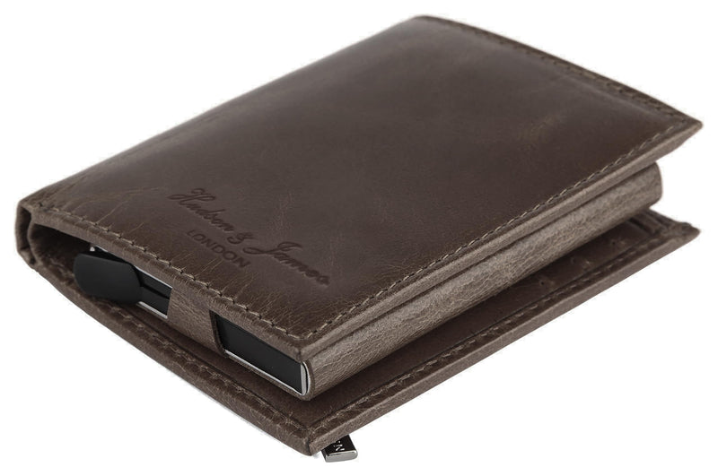 Hudson & James Slim Leather Holder Wallet Mens Minimalist Wallet Pop Up Design, RFID Blocking Metal Bank Card Case with Coins Pocket, ID Window, Hold up to 10 Cards