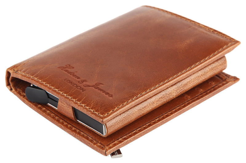 Hudson & James Slim Leather Holder Wallet Mens Minimalist Wallet Pop Up Design, RFID Blocking Metal Bank Card Case with Coins Pocket, ID Window, Hold up to 10 Cards