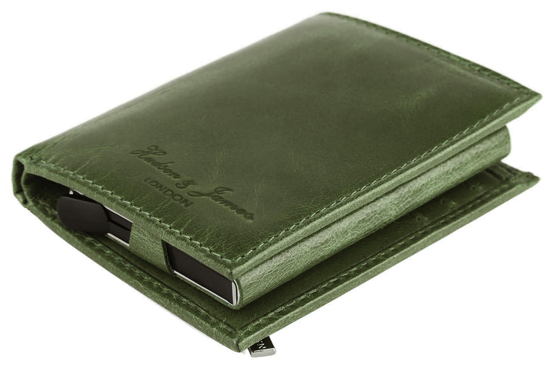 Hudson & James Slim Leather Holder Wallet Mens Minimalist Wallet Pop Up Design, RFID Blocking Metal Bank Card Case with Coins Pocket, ID Window, Hold up to 10 Cards