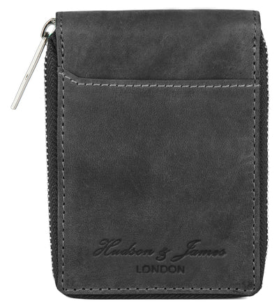 Hudson & James Slim Wallets with Gift Box for Men, Minimalist, RFID Blocking, Leather Wallet with 9 Credit Card Holders, 2 Banknote Compartments Zip Around