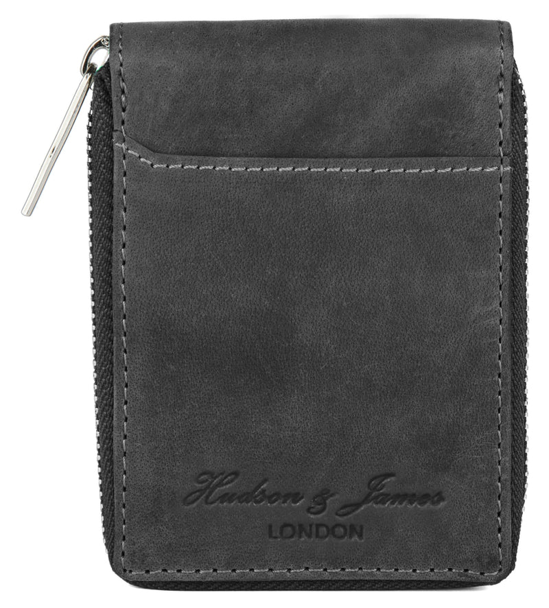 Hudson & James Slim Wallets with Gift Box for Men, Minimalist, RFID Blocking, Leather Wallet with 9 Credit Card Holders, 2 Banknote Compartments Zip Around