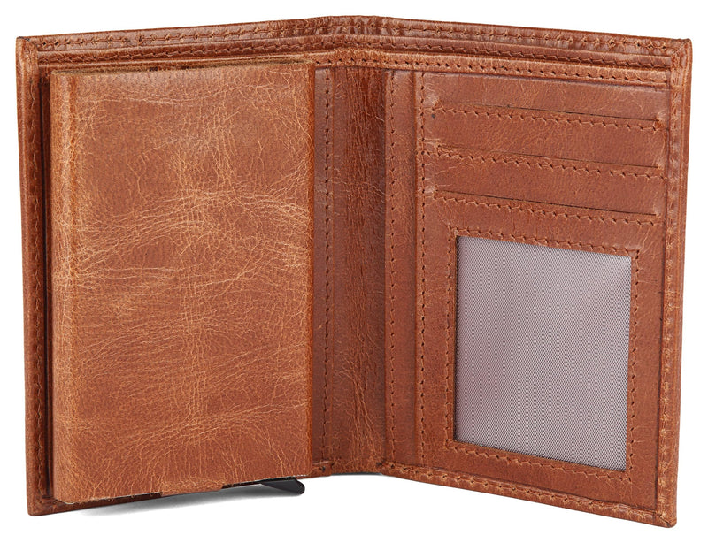 Hudson & James Slim Leather Holder Wallet Mens Minimalist Wallet Pop Up Design, RFID Blocking Metal Bank Card Case with Coins Pocket, ID Window, Hold up to 10 Cards