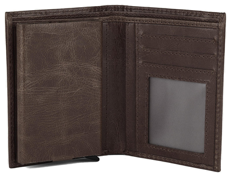 Hudson & James Slim Leather Holder Wallet Mens Minimalist Wallet Pop Up Design, RFID Blocking Metal Bank Card Case with Coins Pocket, ID Window, Hold up to 10 Cards