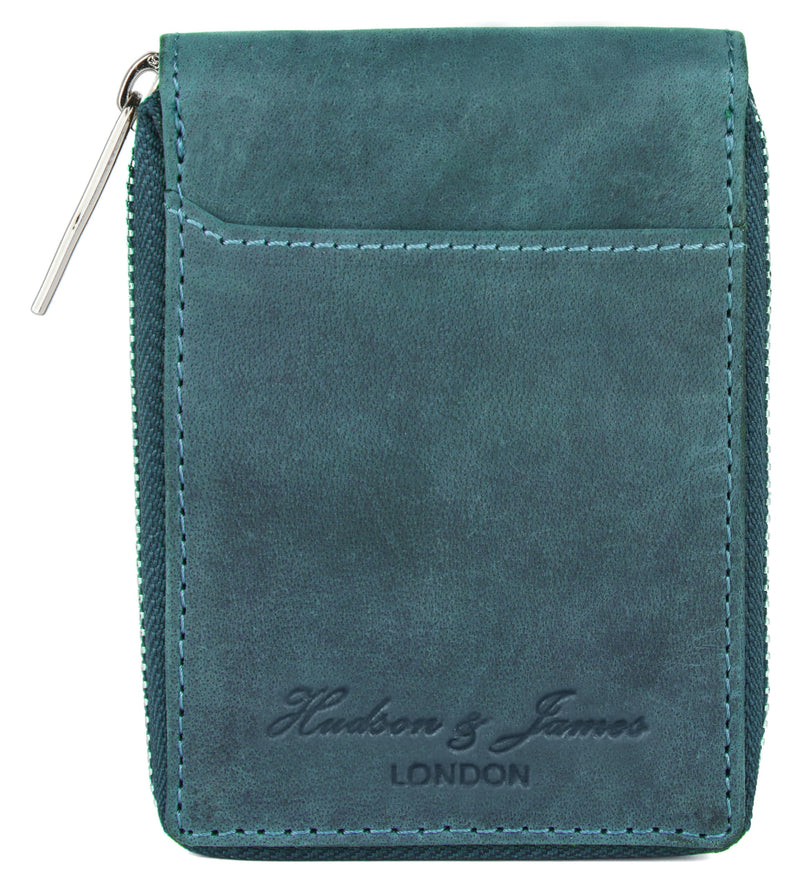Hudson & James Slim Wallets with Gift Box for Men, Minimalist, RFID Blocking, Leather Wallet with 9 Credit Card Holders, 2 Banknote Compartments Zip Around
