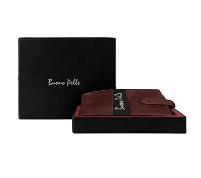 Buono Pelle RFID Blocking Mens Designer Luxury Soft Veg Tan Leather Wallet with Secure Zip Coin / Note Pocket & ID Window Gift Boxed