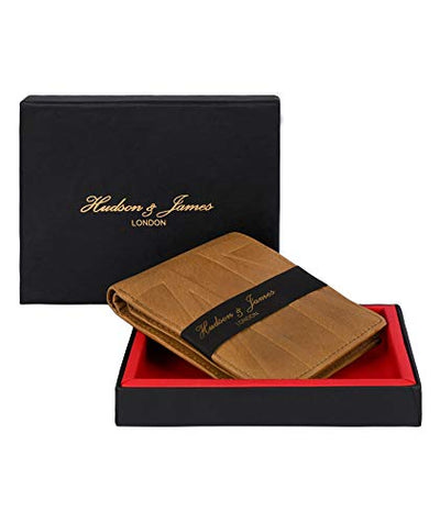 Designer Hudson & James London Real Leather Mens Wallet Credit Carder Holder Bifold Purse with Gift Box