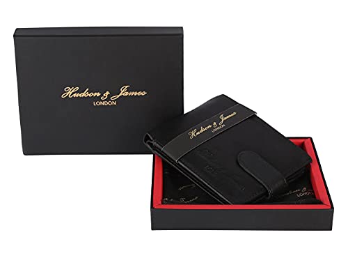 Designer Hudson & James London Real Leather Mens Wallet Credit Carder Holder Bifold Purse RFID Safe ID Protection Contactless Card Blocking with Gift Box