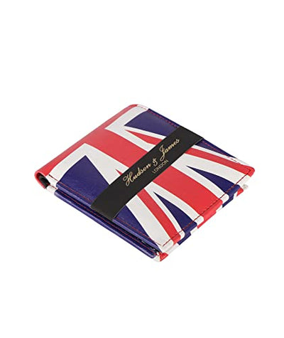 Designer Hudson & James London Real Printed Leather Mens Wallet with Zip Coin Pocket Credit Carder Holder Bifold Purse UK Union Jack