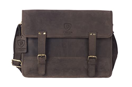 J. Wilson London - Genuine Real Distressed Vintage Hunter Leather 15" Laptop Unisex Crossover Shoulder Messenger Briefcase Bag