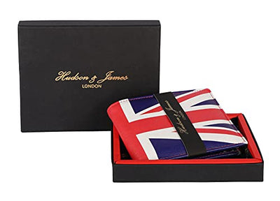 Designer Hudson & James London Real Printed Leather Mens Wallet with Zip Coin Pocket Credit Carder Holder Bifold Purse UK Union Jack