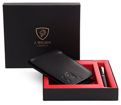 Mens Designer J. Wilson LONDON Genuine Leather Wallet & Ballpoint Pen Gift Boxed Set