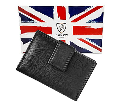 Ladies RFID Safe Designer Soft Leather Purse Card Women Clutch Wallet with Zip Pocket Gift Boxed (Jet Black)