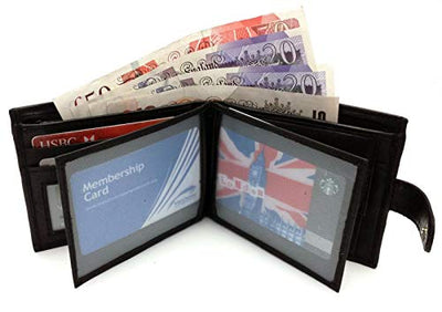 ODS:UK Mens RFID Blocking Safe Soft Leather Tri Fold Wallet Card Slots Id Window and Coin Pocket