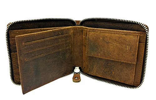 RFID Blocking Protection Distressed Brown Genuine Leather J Wilson London Mens ZipAround Wallet with Zip Coin Pocket Gift Boxed