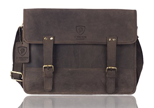 J. Wilson London - Genuine Real Distressed Vintage Hunter Leather 15" Laptop Unisex Crossover Shoulder Messenger Briefcase Bag