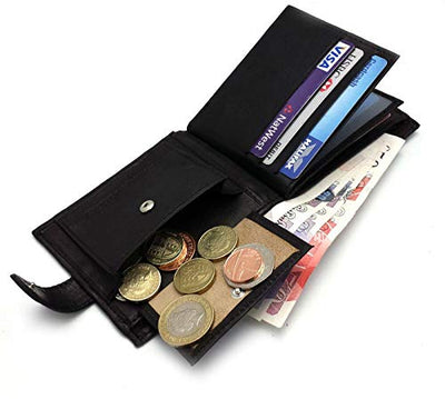 ODS:UK Mens RFID Blocking Safe Soft Leather Tri Fold Wallet Card Slots Id Window and Coin Pocket