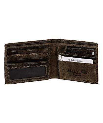 Hudson & James Designer London Real Distressed Leather Mens Wallet with Zip Coin Pocket Credit Carder Holder Bifold Purse UK Union Jack