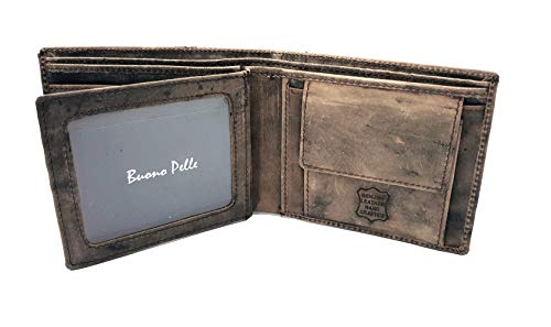 Mens BUONO PELLE Brown RFID Blocking Distressed Hunter Leather Wallet with Secure Coin Pocket & ID Window Gift Boxed