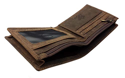 J. Wilson London RFID Blocking Protection Distressed Brown Genuine Leather Mens Wallet with Large Zip Coin Pocket Gift Boxed