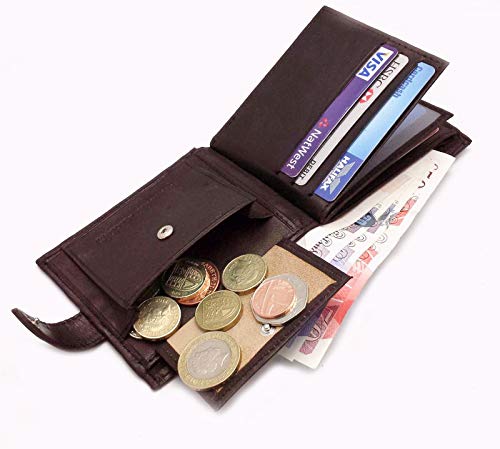 ODS:UK Mens RFID Blocking Safe Soft Leather Tri Fold Wallet Card Slots Id Window and Coin Pocket
