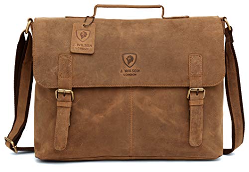 J WILSON London - Designer Genuine Real Distressed Vintage Hunter Leather 15" Laptop Handmade Unisex Crossover Shoulder Messenger Briefcase Bag