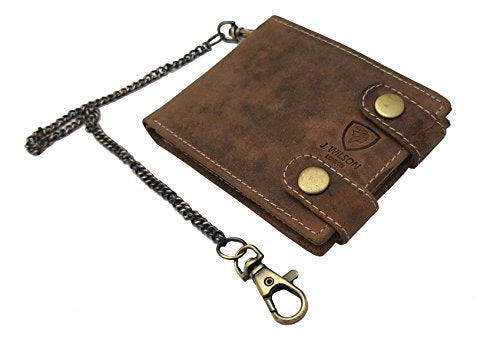 J WILSON London Designer Genuine Leather Biker's Wallet Motorbike Vintage  Distressed Long Detachable Metal Chain to Hang
