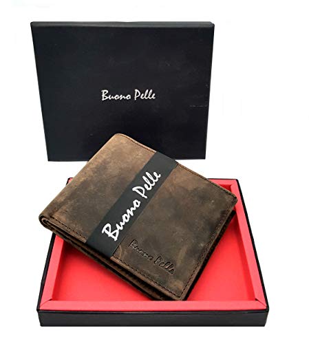 Mens BUONO PELLE Brown RFID Blocking Distressed Hunter Leather Wallet with Secure Coin Pocket & ID Window Gift Boxed