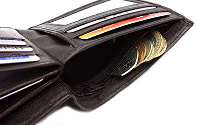 ODS:UK Mens RFID Blocking Safe Soft Leather Tri Fold Wallet Card Slots Id Window and Coin Pocket