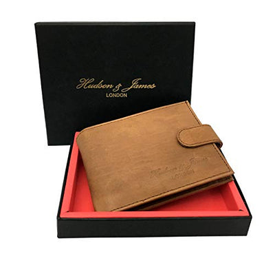 Designer Hudson & James London Real Leather Mens Wallet Credit Carder Holder Bifold Purse with Gift Box