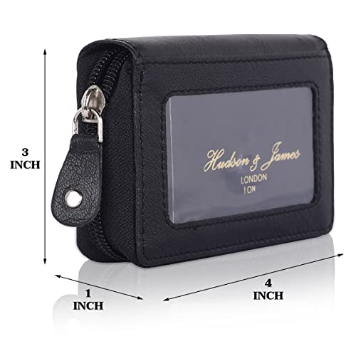 Hudson & James Designer London Real Leather Mens Women Ladies Wallet Credit Carder Holder Pouch RFID Safe Protector Clear ID Zipper Bifold Purse with Gift Box