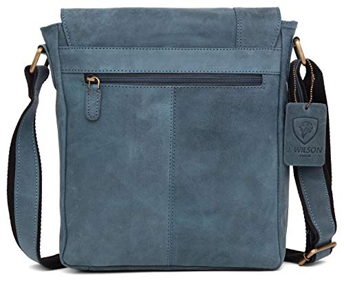 J. Wilson London 100% Pure Genuine Real Blue Textured Cow Leather Handmade Mens Leather Flapover Everyday Crossover Shoulder Work iPad Messenger Bag (Brown)