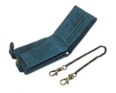 J WILSON London Designer Genuine Leather Biker's Wallet Motorbike Vintage Distressed Long Detachable Metal Chain to Hang