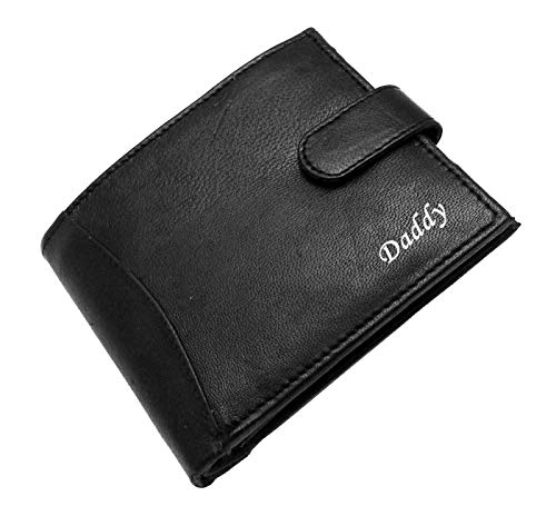 Personalised Daddy in Silver Black Engraved Soft Leather Mens Wallet with Coin Pocket Pouch Gift Boxed