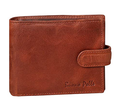 Buono Pelle RFID Blocking Mens Designer Luxury Soft Veg Tan Leather Wallet with Secure Zip Coin / Note Pocket & ID Window Gift Boxed