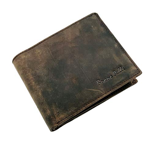 Mens BUONO PELLE Brown RFID Blocking Distressed Hunter Leather Wallet with Secure Coin Pocket & ID Window Gift Boxed