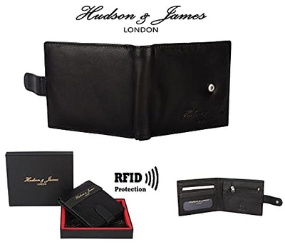 Designer Hudson & James London Real Leather Mens Wallet Credit Carder Holder Bifold Purse RFID Safe ID Protection Contactless Card Blocking with Gift Box