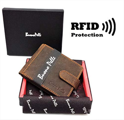 RFID BLOCKING Protection Distressed Brown Genuine Leather Mens Wallet Coin Pocket Gift Boxed