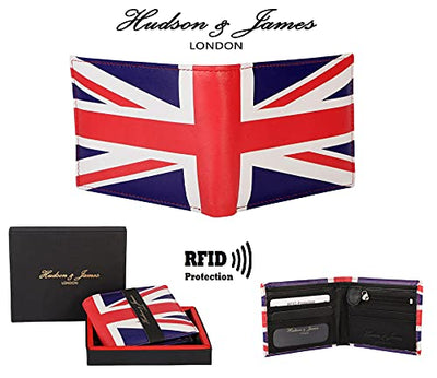 Designer Hudson & James London Real Printed Leather Mens Wallet with Zip Coin Pocket Credit Carder Holder Bifold Purse UK Union Jack