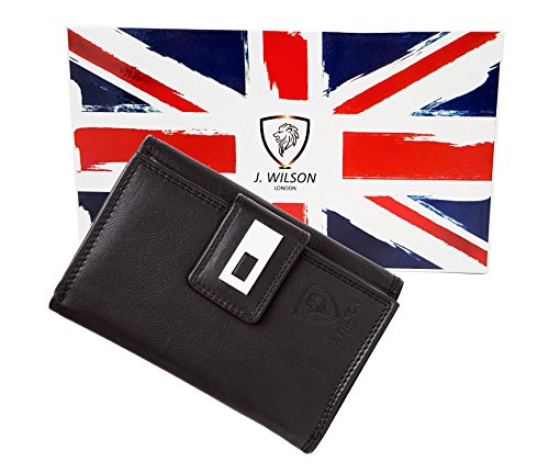 J. Wilson London Ladies RFID Safe Designer Soft Leather Purse Card Women Clutch Wallet with Zip Pocket Gift Boxed