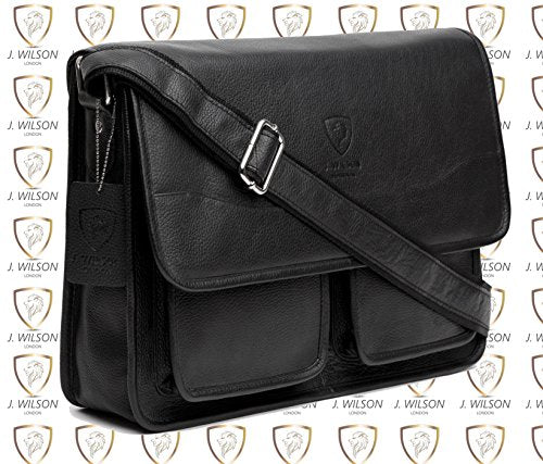 J. Wilson London - 13.5" Laptop Designer Genuine Real Nappa Handmade Unisex Crossover Flapover Everyday Crossover Work iPad Shoulder Messenger Bag