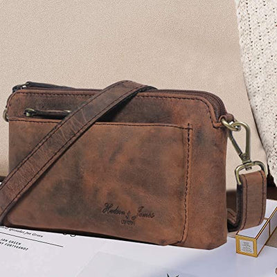 Designer Hudson & James Genuine Real Distressed Retro Small Vintage Hunter Leather Handmade Women Ladies Unisex Travel Satchel Everyday Crossover Shoulder Bag