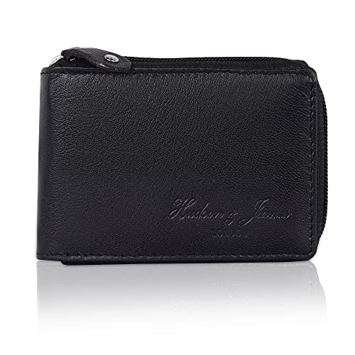 Hudson & James Designer London Real Leather Mens Women Ladies Wallet Credit Carder Holder Pouch RFID Safe Protector Clear ID Zipper Bifold Purse with Gift Box